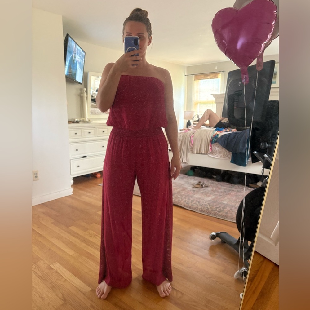 Elan Red Strapless Jumpsuit with Relaxed Fit